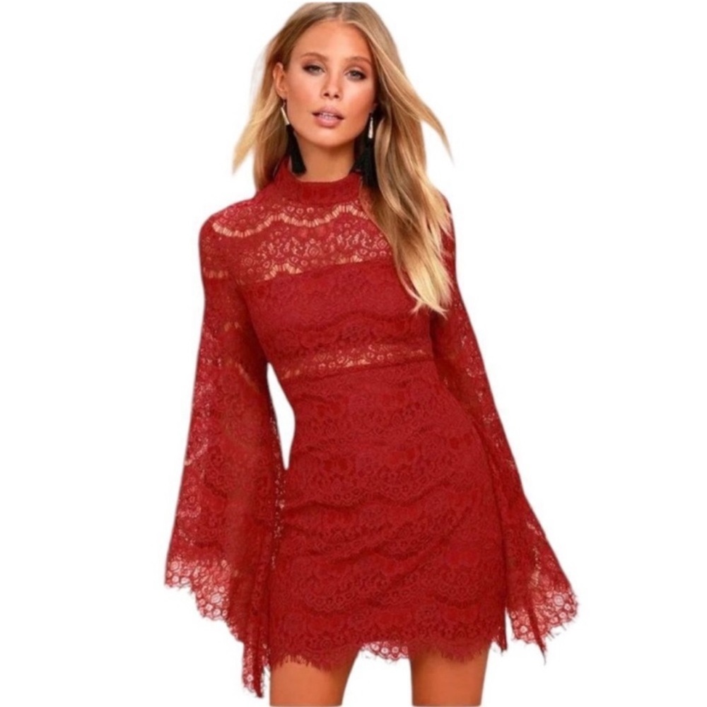 Lulus Deep Red Lace Long Sleeve Dress